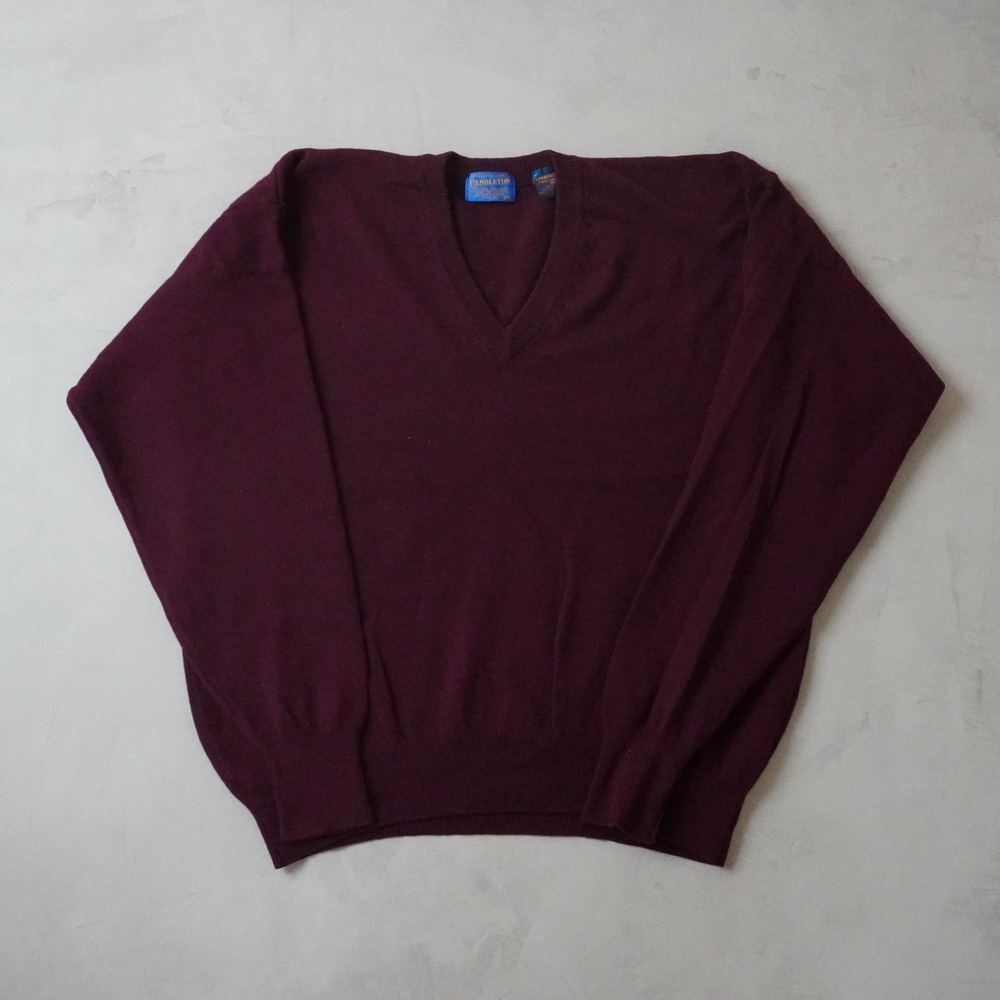 Vintage Pendleton Wool V-Neck Sweater XXL Mens Burgundy Red Solid Pullover